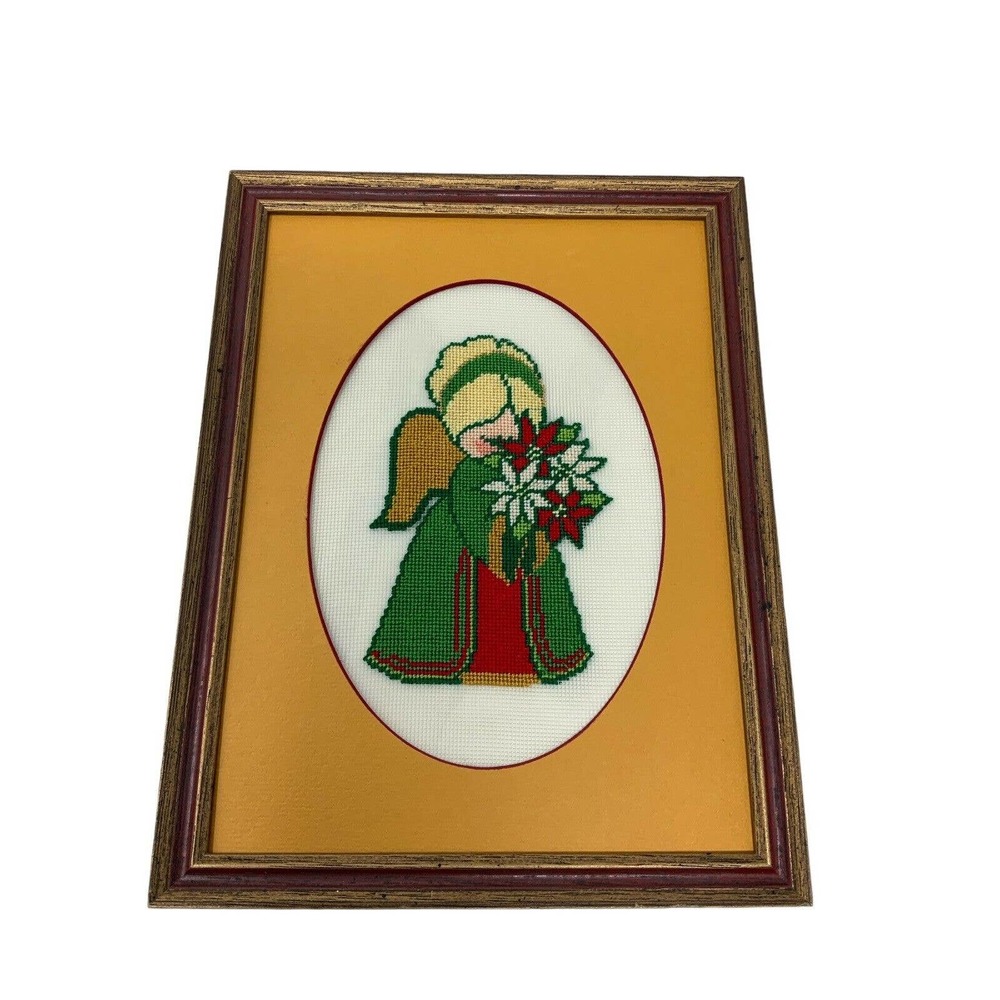 Framed Complete Floss Peti Point Stitch Praying Angel‎ Poinsettias Vintage XMas